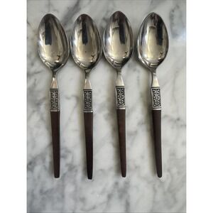 EKCO ETERNA La Joya Stainless Japan Mid Century Modern 4 Soup Spoons Faux Wood